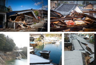上段左:屋根から上半分ほどだけが残り斜めに崩れている家屋を撮影した地震被害の写真上段右:たくさんの瓦礫類の中から毛布のようなものが隙間から見えており、その上に瓦屋根のみ姿のを残している風景を撮影した地震被害の写真下段左:木々のすぐ横の斜面が崩れ、近くが水たまりになっている地震被害の写真下段中央:被害に遭った家屋や道路に雪が積もっている地震被害写真下段右:道路がひび割れたり陥没し、地層が見えている地震被害の写真