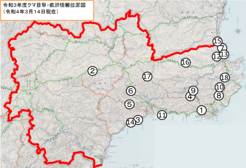 ツキノワグマ目撃・痕跡情報位置を赤い枠と番号で示した地図