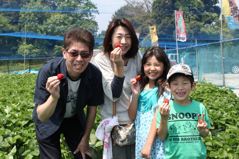 屋外の畑で娘さんと息子さんがいる家族4人が右手にイチゴを持って撮影した写真