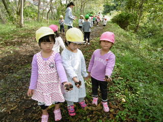 山で拾ったクルミを掌にのせてこちらに見せている3人の女の子の写真